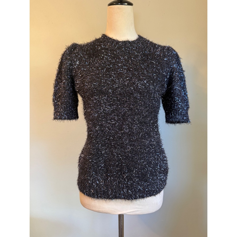 Rachel Zoe Silver Metallic Eyelash Knit Short Sleeve Sweater S y2k whimsi dainty